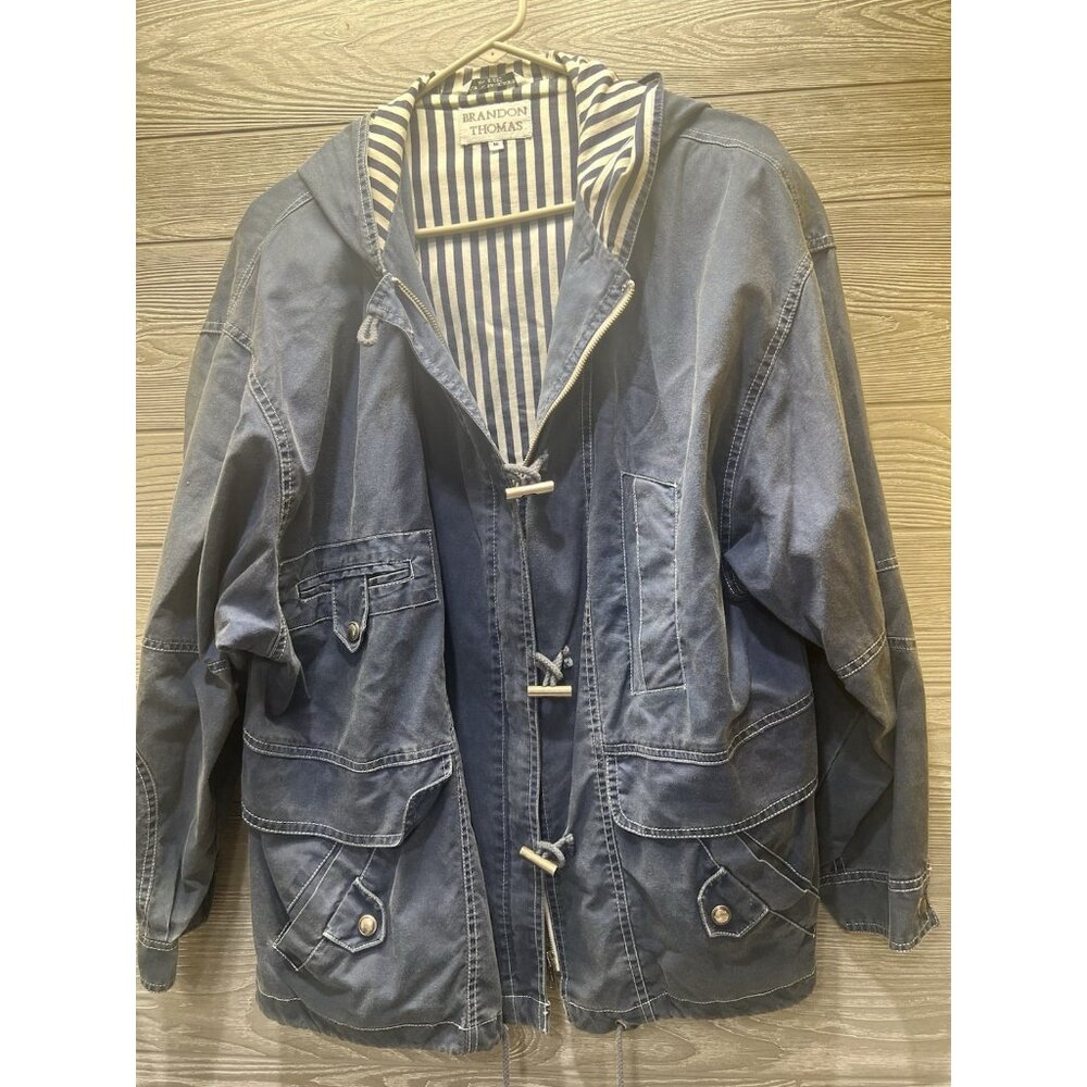 Brandon Thomas Vintage 80s Denim Jacket Zipper Toggle Size Medium Striped Lining